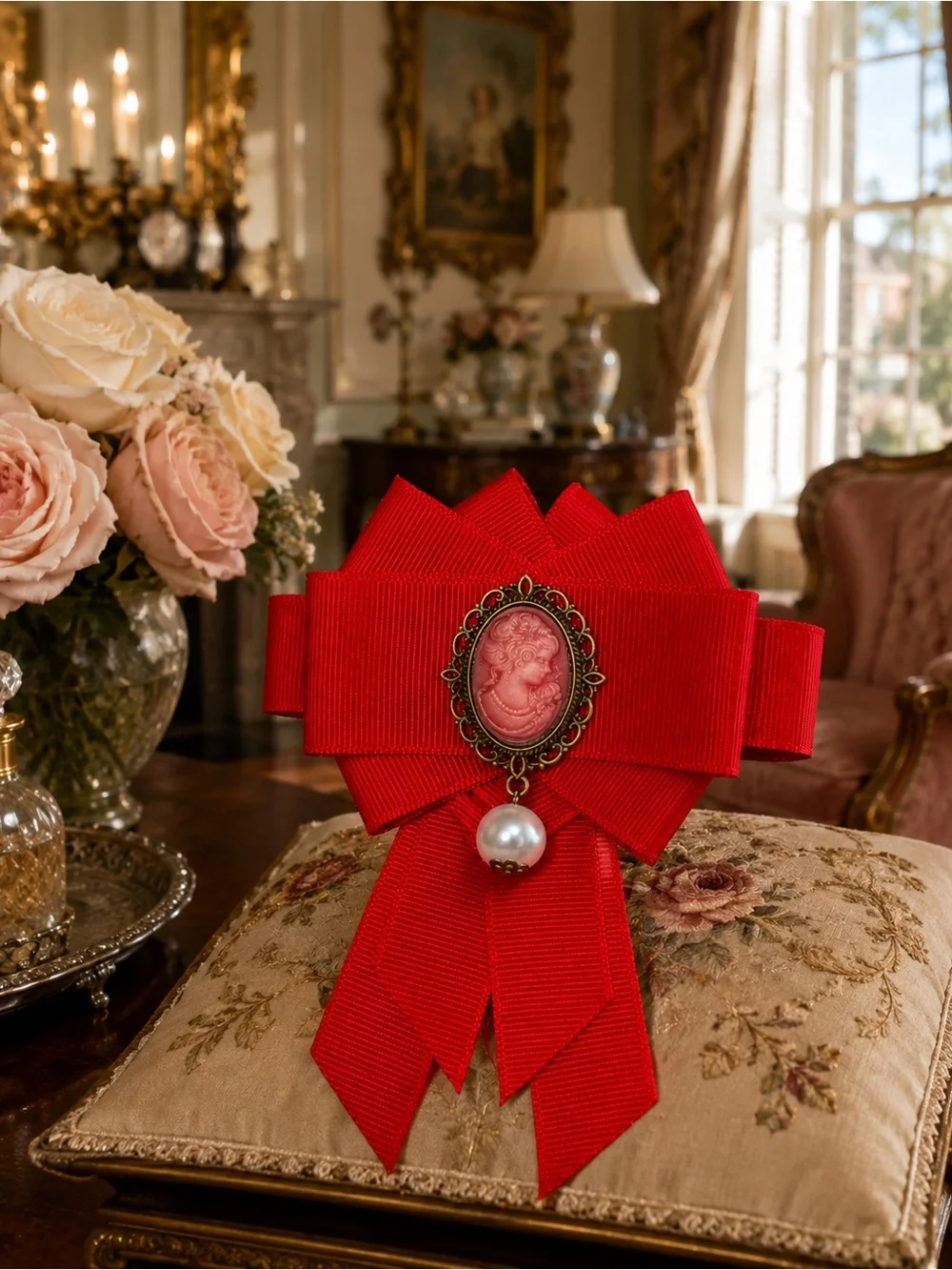 Vintage Victorian-Inspired Elegant Red Ribbon Brooch with Cameo and Pearl Accent - Picture 6 of 10